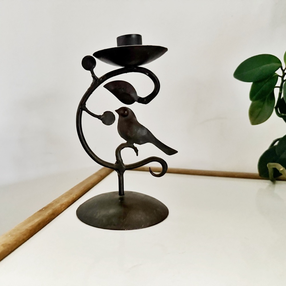 Black Metal Bird and Leaf Taper Candle Holder